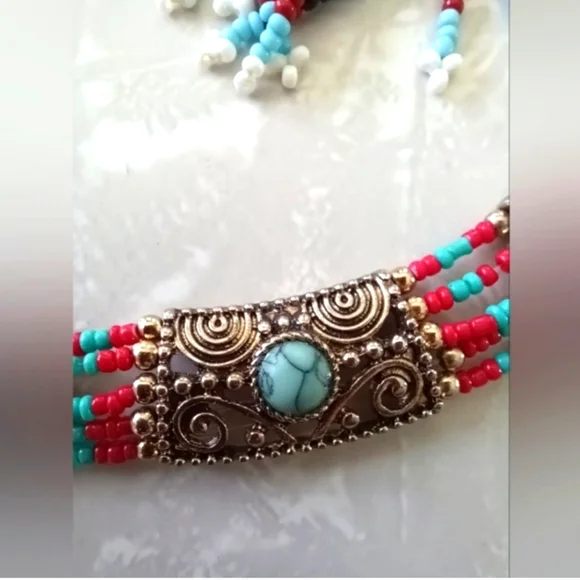 Beaded Necklace and Earrings Red & Turquoise - Picture 2 of 7